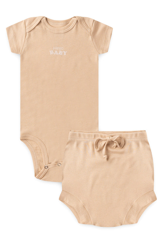 Conjunto Body Curto Areia Hello Baby